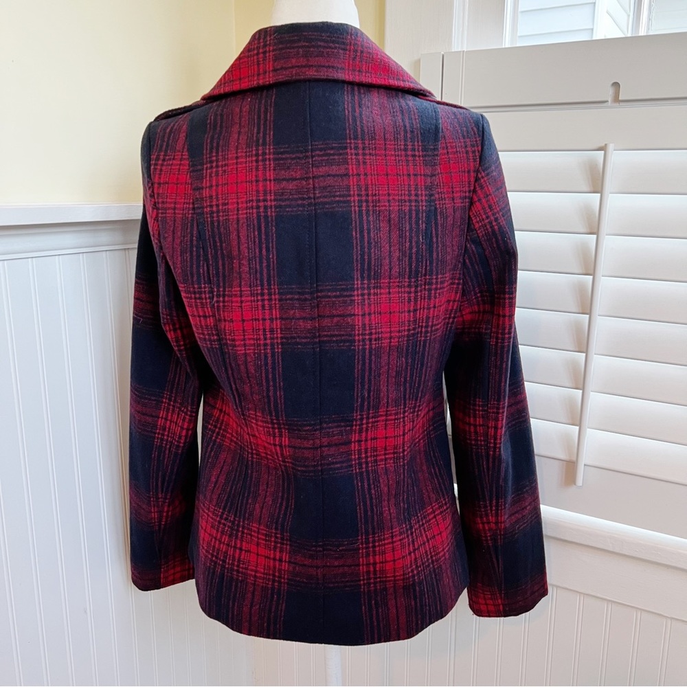 Old Navy Red & Black Plaid Double Breasted Wool Blend Pea Coat Size Small - Picture 2 of 5